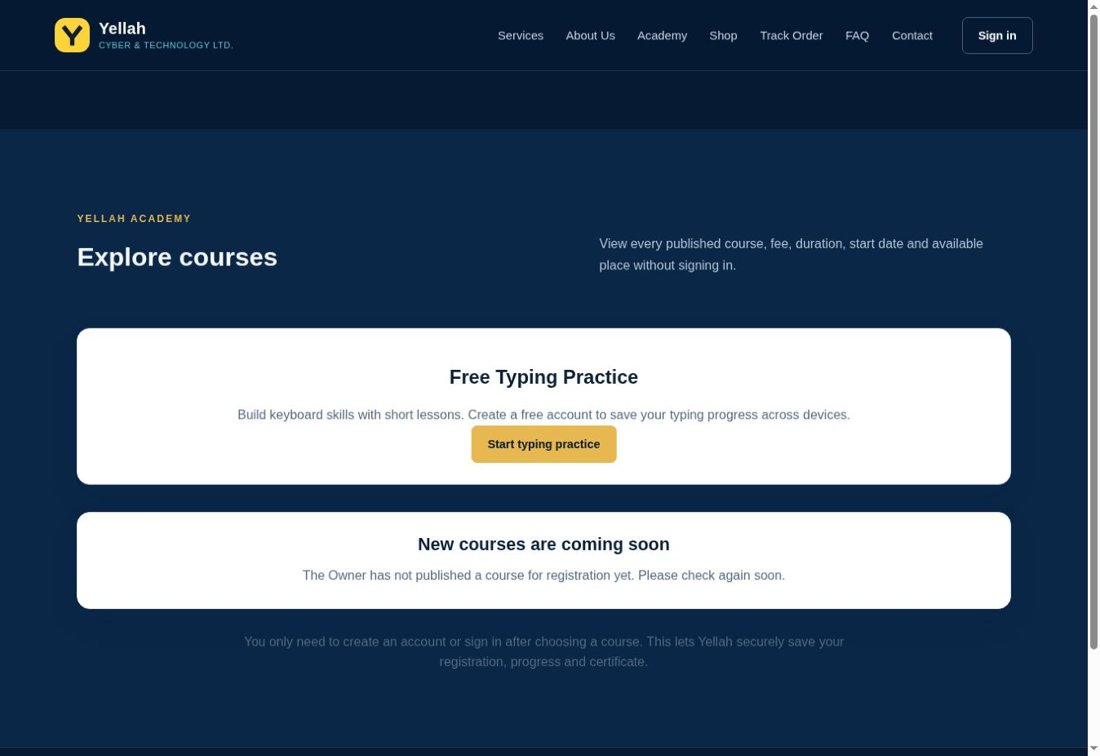 Screenshot of the Yellah Academy course discovery page