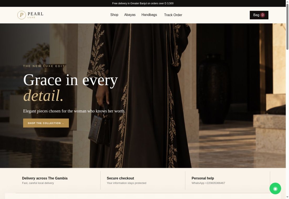Screenshot of the PEARL LUXE fashion storefront