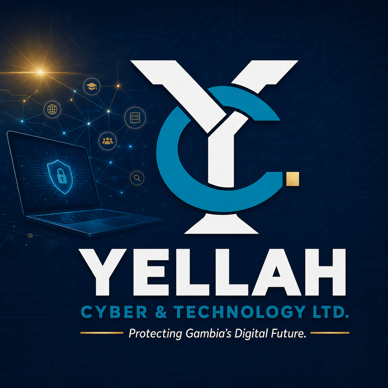 Yellah Cyber and Technology logo with a secured laptop and connected network